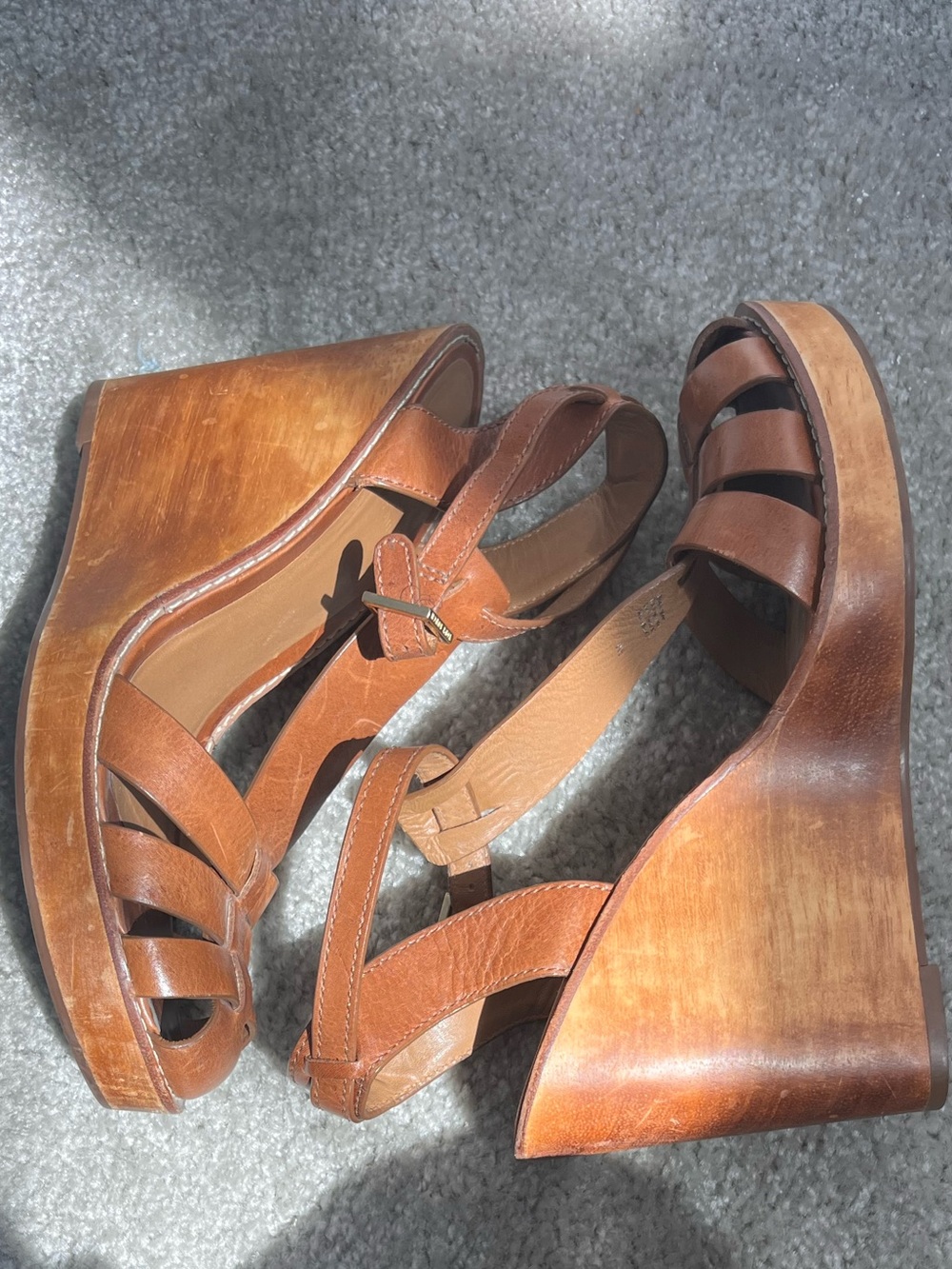 Tory Burch Brown Cognac Leather Wedge Sandals Wooden Heel Strappy Ankle Strap 9 - Picture 7 of 11